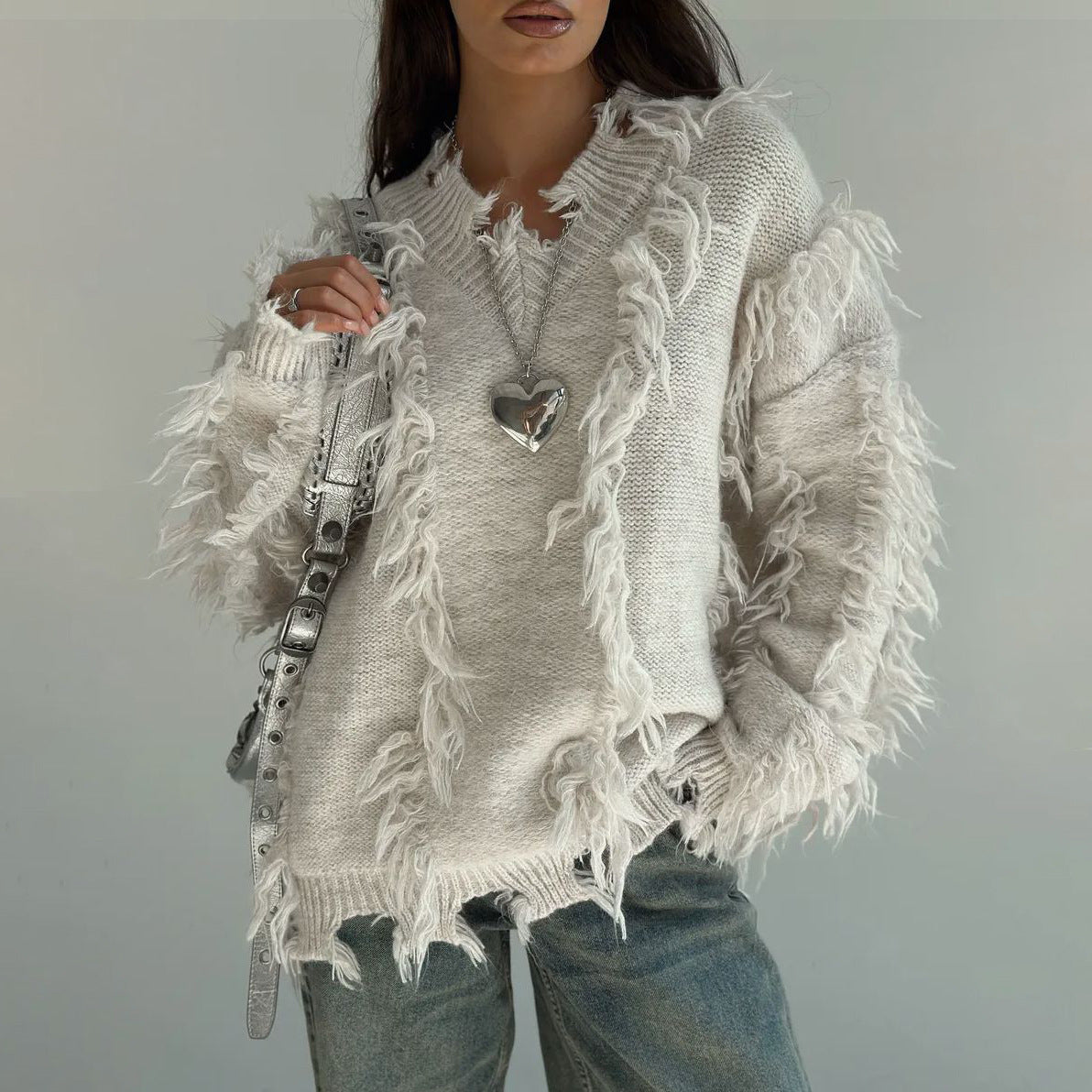 Damen Strickpullover mit lässigem Fransen-Design WW