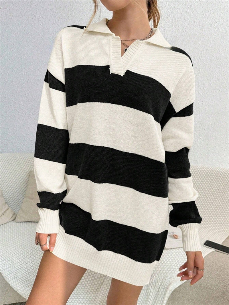 Damen Pullover-Kleid mit modernem Streifenmuster und detailreicher Knopfleiste WW