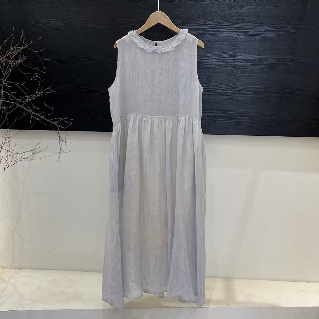 Damen Relaxed Fit Rüsch-Leinen-Maxi-Kleid WW