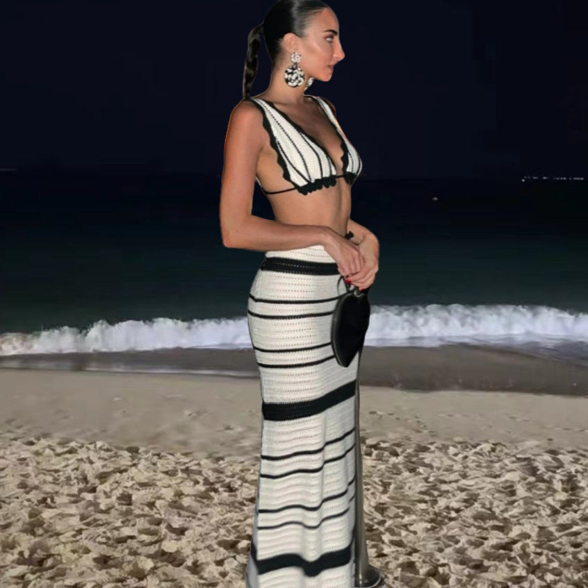 Damen Strick-Bikini-Set mit schickem Wellenmuster und hohem Bund WW