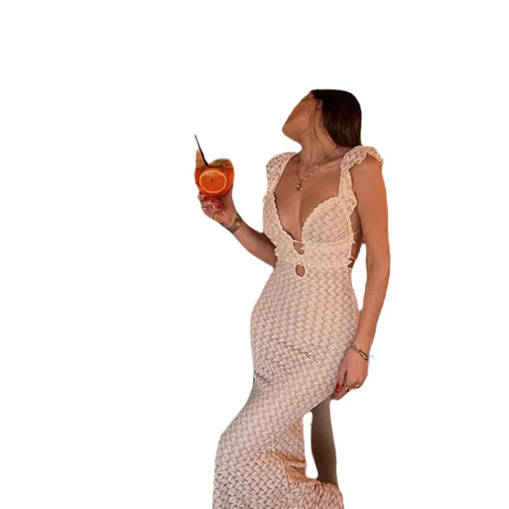 Damen Strick-Maxikleid mit tiefem V-Ausschnitt und Rüschendetails WW