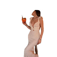 Damen Strick-Maxikleid mit tiefem V-Ausschnitt und Rüschendetails WW