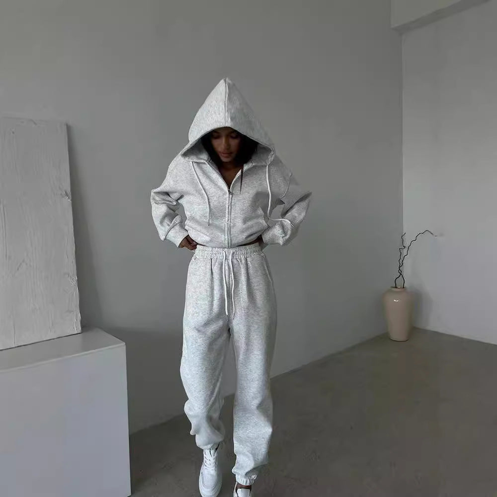 Damen sportliches Fleece-Jogginganzug mit praktischer Kapuze und Kordelzug WW