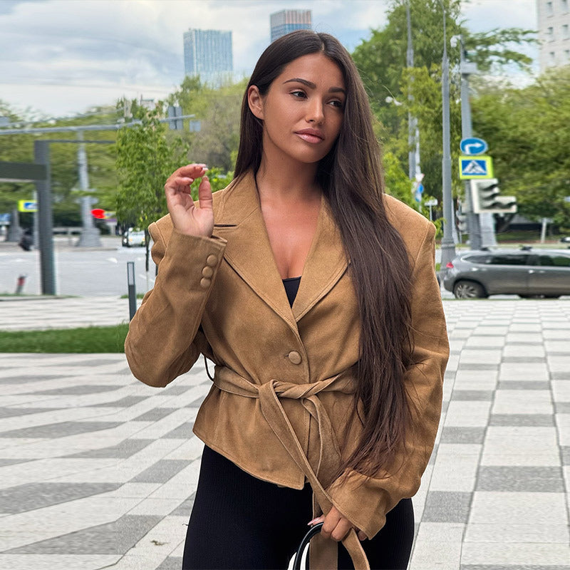 Damen Samt Blazer mit Taillengürtel WW