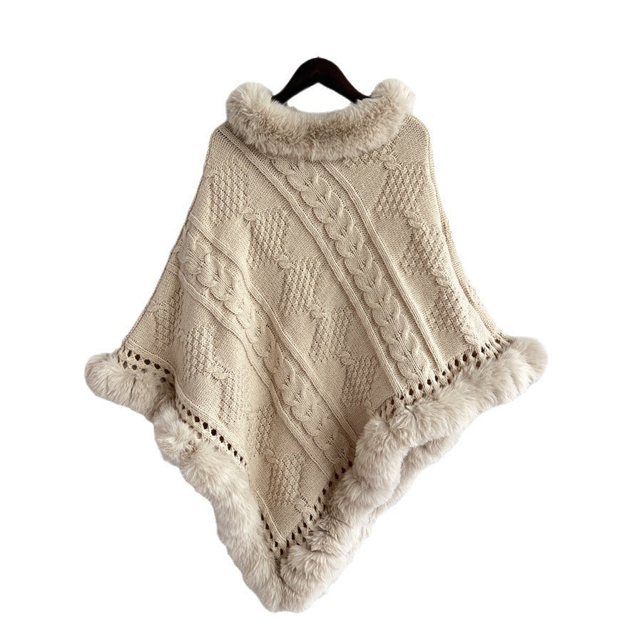 Damen Strickponcho mit dekorativem Kragen und gefüttertem Saum WW