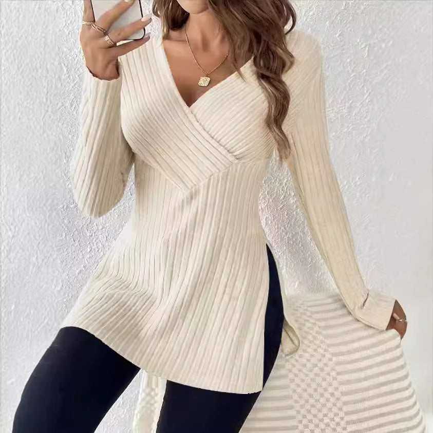Damen elegantes Langarmshirt mit Wickeldesign und strukturierter Rippoptik WW