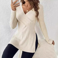 Damen elegantes Langarmshirt mit Wickeldesign und strukturierter Rippoptik WW
