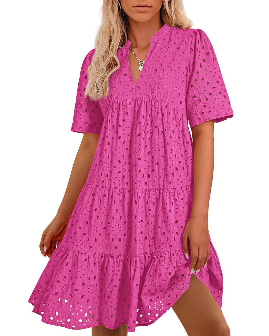 Damen luftiges Midikleid mit romantischem Lochmuster und V-Ausschnitt WW