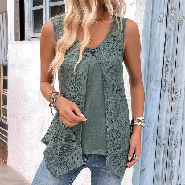 Damen Ärmelloses Spitzen-Tunika-Shirt mit modischem Knopfverschluss WW