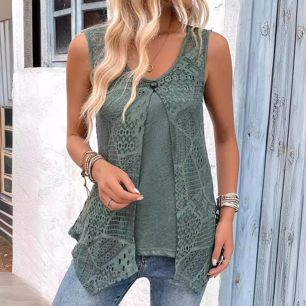 Damen Ärmelloses Spitzen-Tunika-Shirt mit modischem Knopfverschluss WW