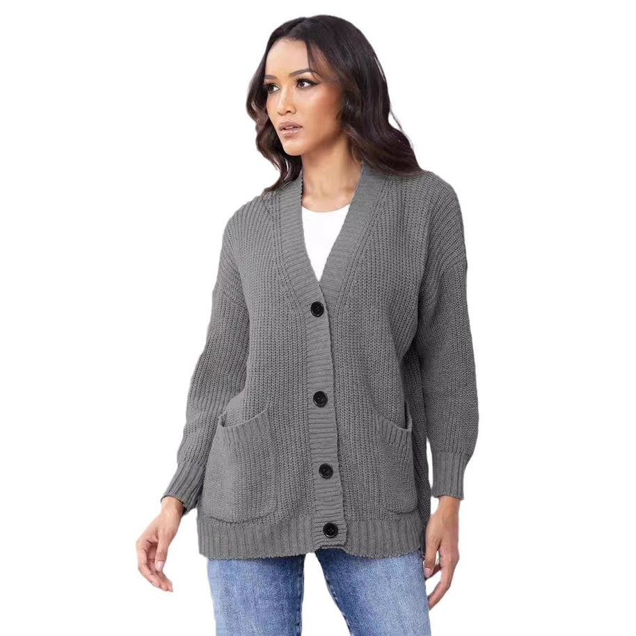 Damen Strickjacke mit großen Taschen und klassischem Knopfverschluss WW