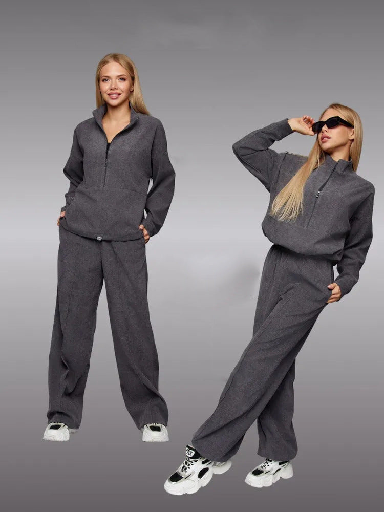 Damen sportliches Fleece-Set mit hohem Kragen und weitem Bein WW
