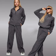 Damen sportliches Fleece-Set mit hohem Kragen und weitem Bein WW