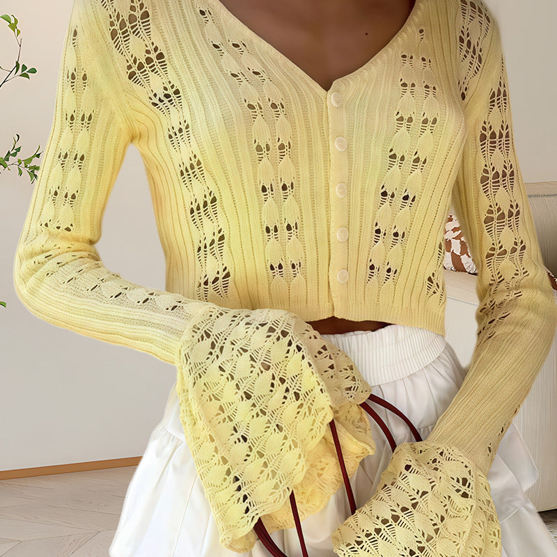 Damen Strickoberteil mit Lochmuster und weitem Ärmel WW