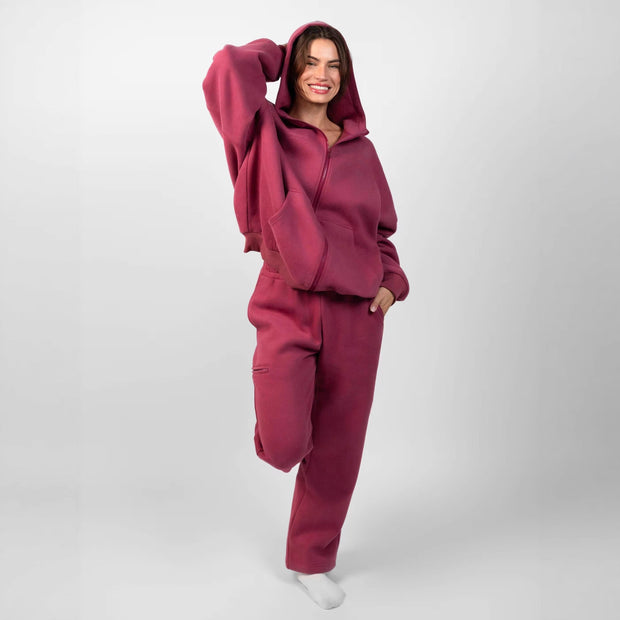 Damen sportliches Fleece-Hoodie-Set mit Reißverschluss und weiten Hosen WW