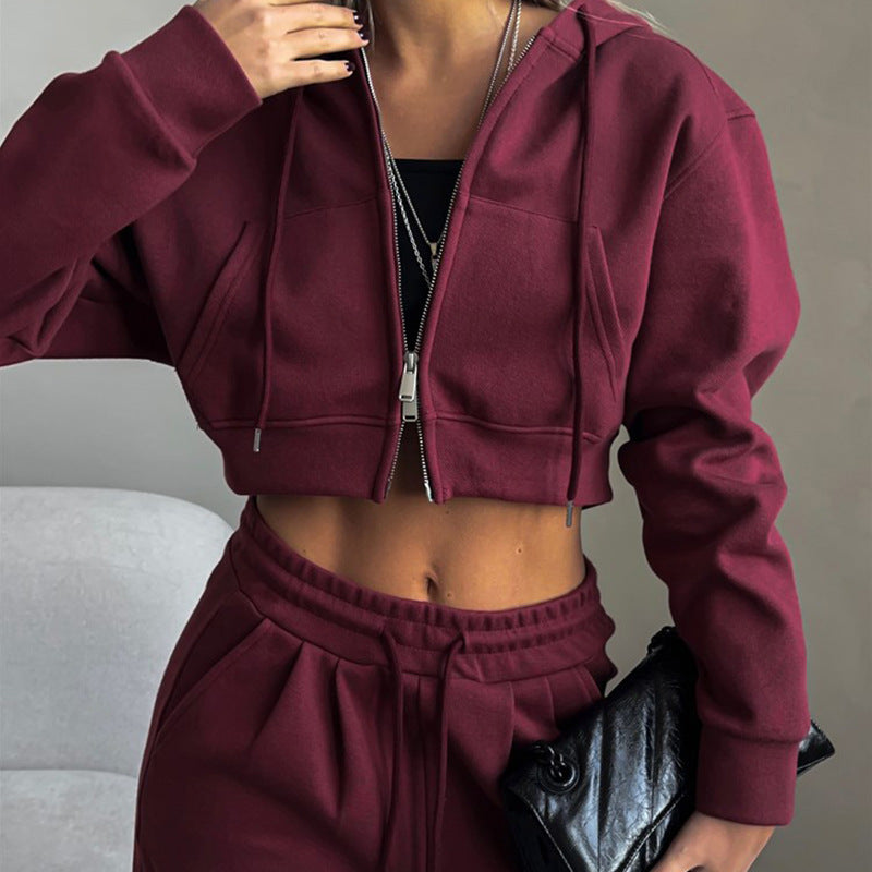 Damen stylisches Crop-Set aus Kapuzenpullover und bequemen Jogginghosen WW