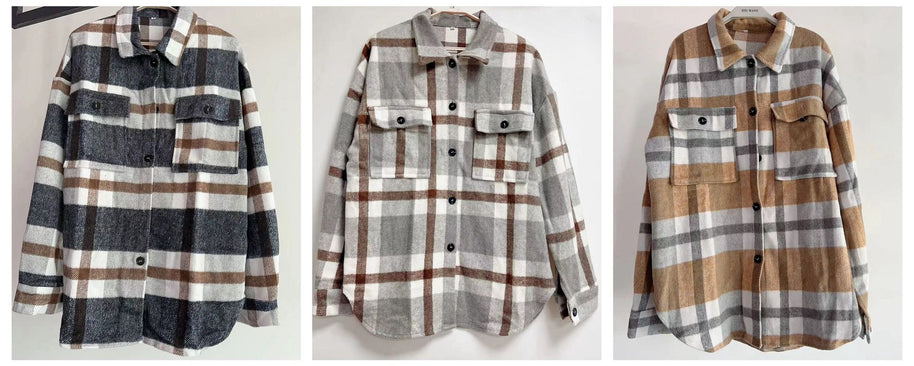 Damen karierte Flanelljacke mit lässigem Schnitt und aufgesetzten Taschen WW