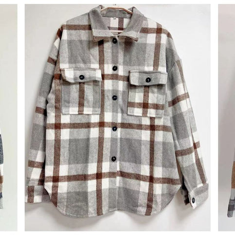 Damen karierte Flanelljacke mit lässigem Schnitt und aufgesetzten Taschen WW