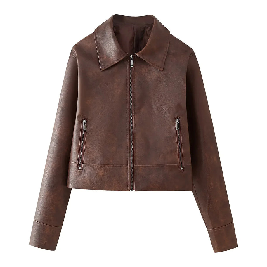 Damen Kunstlederjacke im eleganten Cropped-Design mit praktischen Reißverschlusstaschen WW