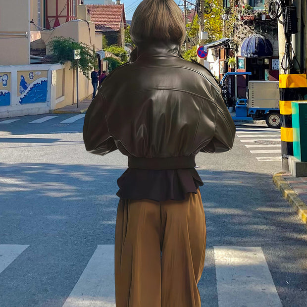 Damen ausgefallene Lederjacke mit voluminösen Ärmeln WW