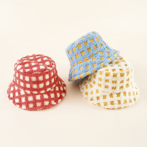 Damen Fleece-Bucket-Hut mit verspieltem Karomuster und weicher Struktur WW