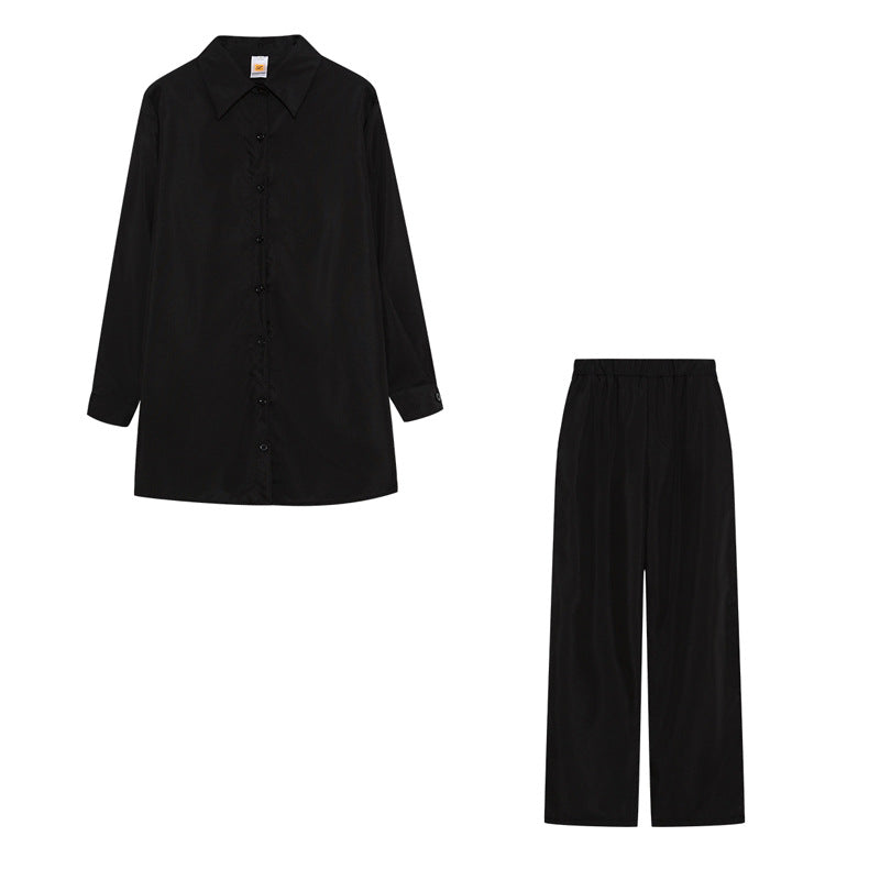 Damen Satin Pyjama Set mit langärmliger Bluse und weiten Hosen WW