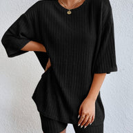Damen komfortables Kurzarm Set mit Rippstrick und relaxed Schnitt WW