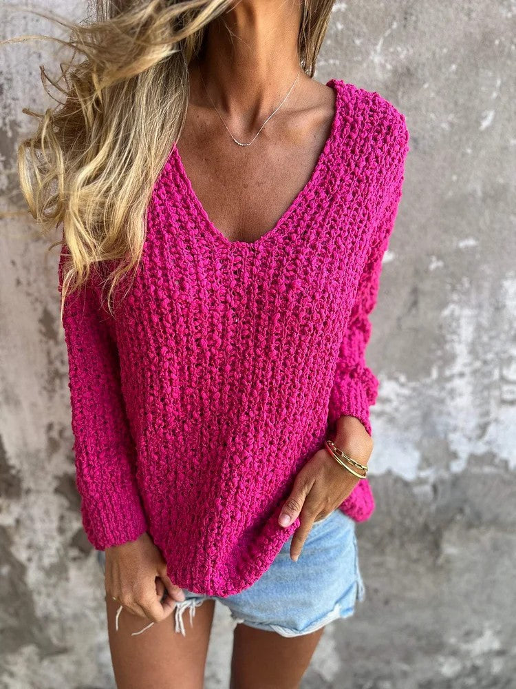 Damen Bequemes V-Ausschnitt Sweatshirt mit Struktur und langen Ärmeln WW
