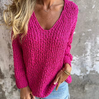 Damen Bequemes V-Ausschnitt Sweatshirt mit Struktur und langen Ärmeln WW