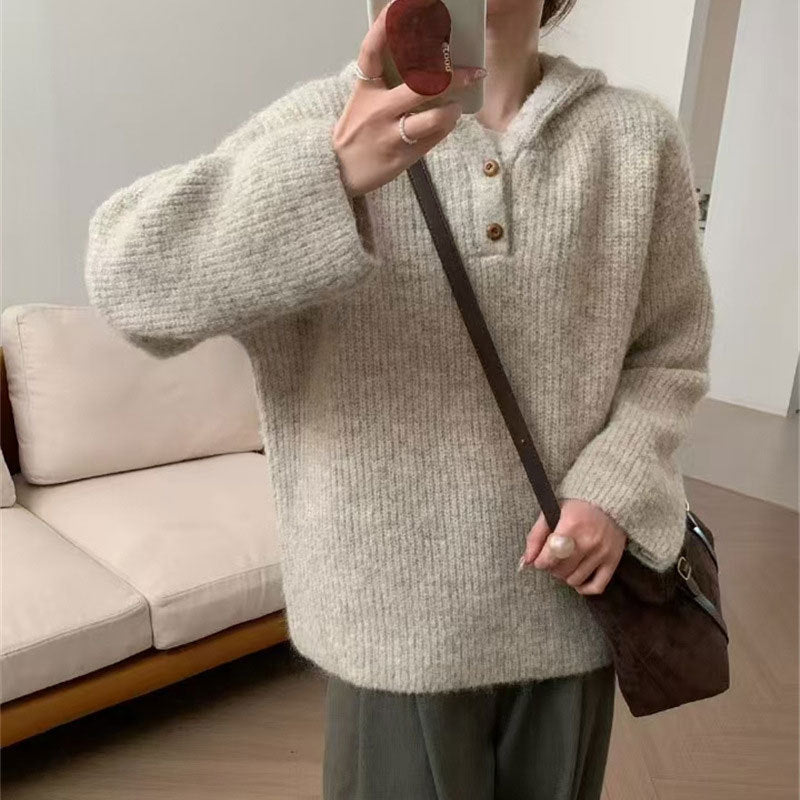Damen bequemer Strickpullover mit Knopfleiste und Kapuze WW
