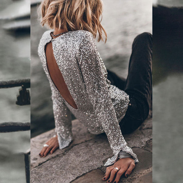 Damen Glitzerndes Oberteil mit langen Rüschenärmeln und allover Pailletten W&W Mode