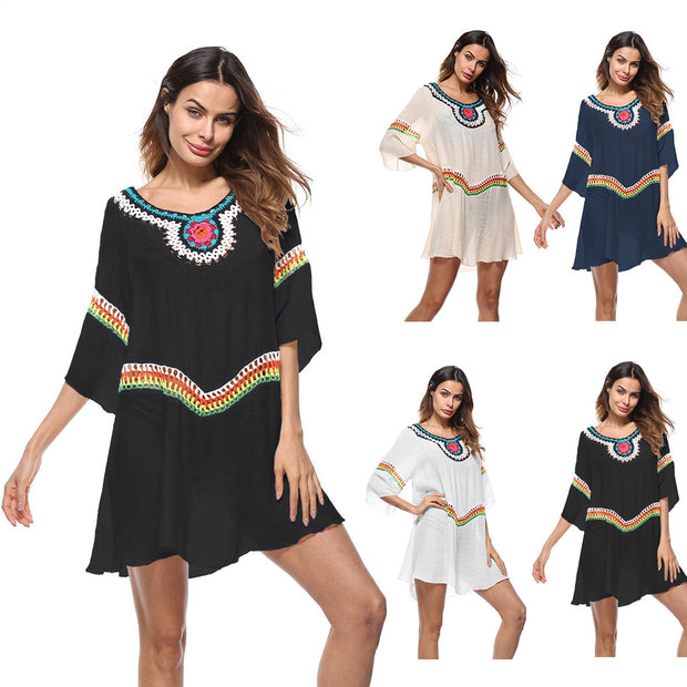 Damen Strandtunika mit bunten Stickereien und weiten Ärmeln WW