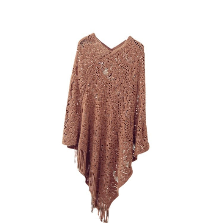 Damen Strickponcho mit elegantem Fransen-Design WW