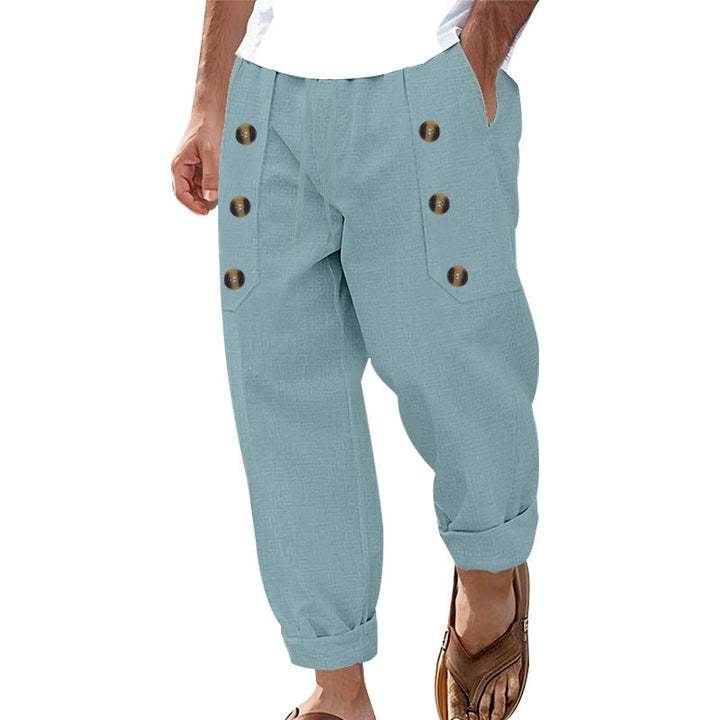 Herren Bequeme Leinenhose mit seitlichen Knöpfen und elastischem Bund W&W Mode