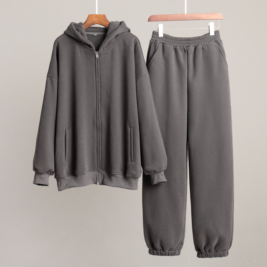 Damen Bequemes Fleece-Hausanzug-Set mit Hoodie und elastischem Bund WW