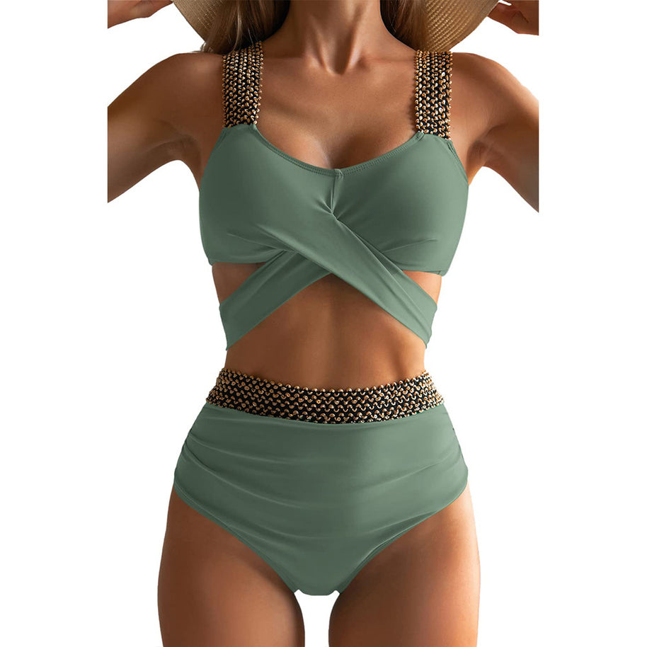 Damen Hochgeschnittener Bikini mit modischem Wickeloberteil und glamourösen Akzenten WW