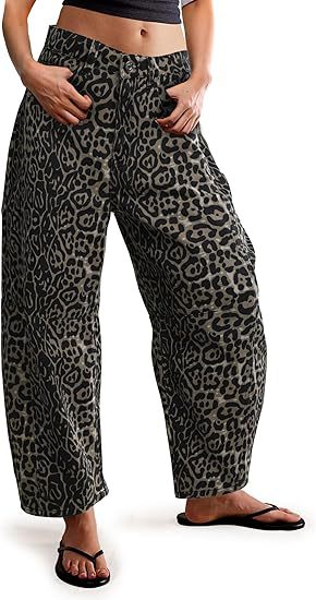 Damen weite Jeans mit auffälligem Leopardenmuster und hohem Bund WW