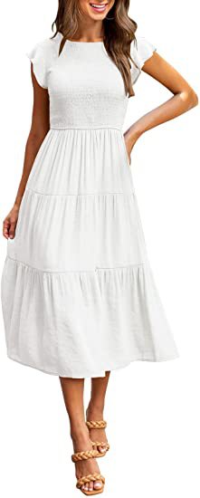 Damen Midikleid mit gesmoktem Oberteil und voluminösem Rock WW