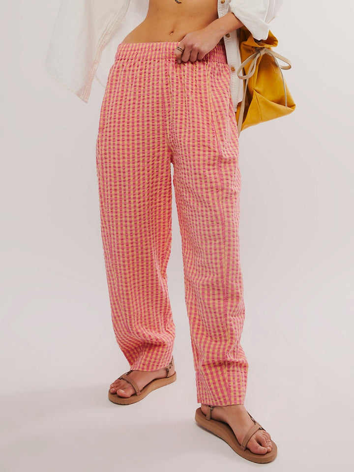 Damenhose mit Karomuster, mittlerer Taille und Taschen