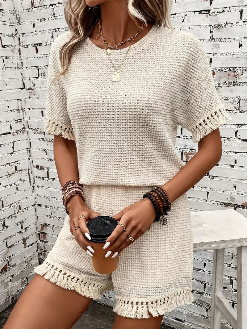 Damen Strick-Shorts-Set mit Fransenverzierung WW