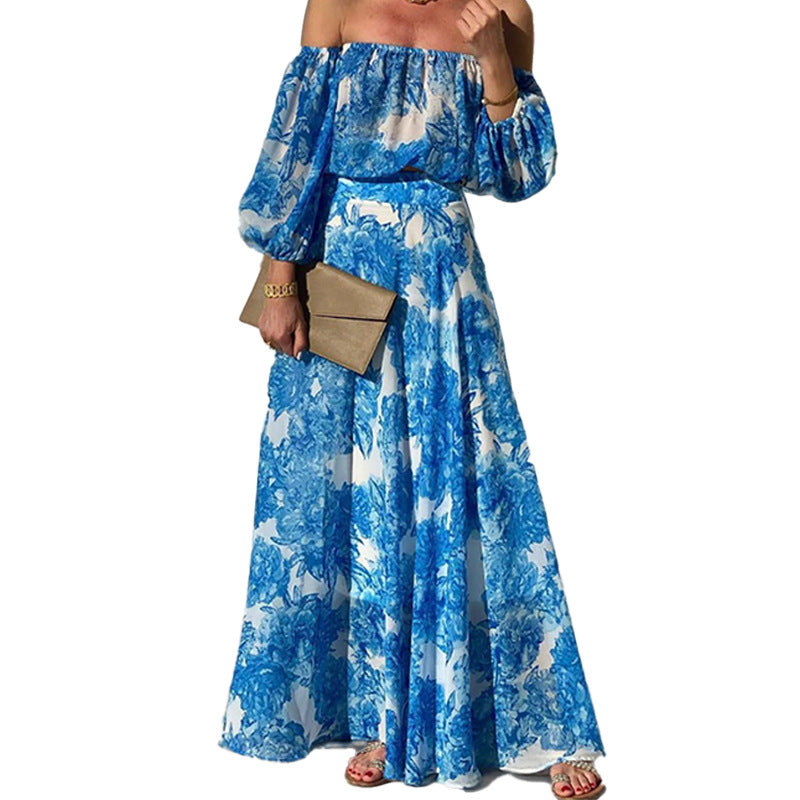 Damen Off-Shoulder Maxikleid mit floralem Druck und weitem Rock W&W Mode