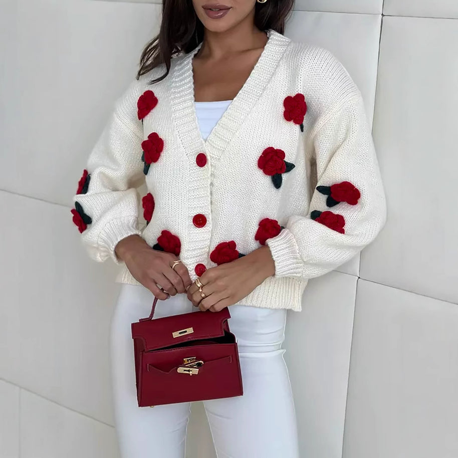Damen Strickjacke mit floralen Applikationen und voluminösen Ärmeln WW