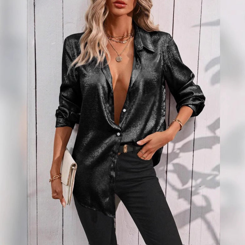 Damen glänzende Satin-Bluse mit modernen Cut-Out-Details WW