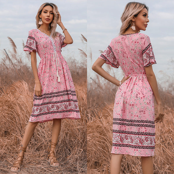 Damen Boho-Style Kleider mit Stickdetails und Taillenzugbund WW