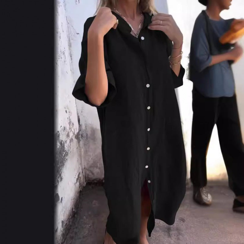 WW | Lockere lässige Baumwolle-Leinen Hemdkleid mit halben Ärmeln