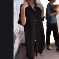 WW | Lockere lässige Baumwolle-Leinen Hemdkleid mit halben Ärmeln