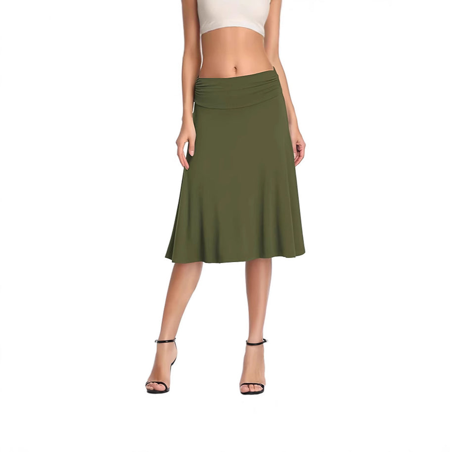 Damen schwingender Midirock mit gerafftem Taillenbund und fließendem Schnitt WW