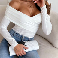 Damen schulterfreies Langarm-Oberteil mit elegantem Raffungseffekt WW