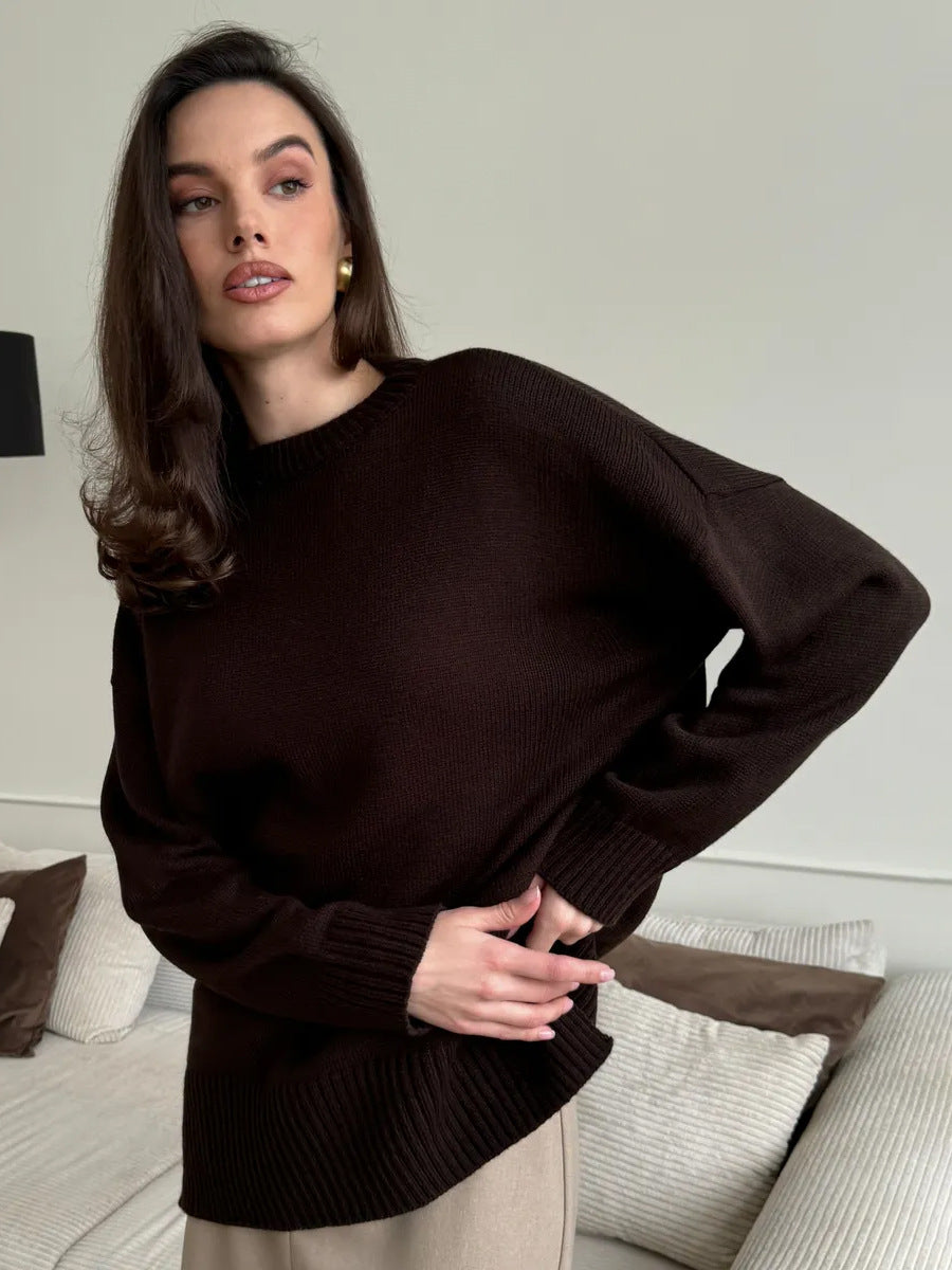 Damen Bequemer und eleganter Strickpullover mit seitlichem Schlitz WW