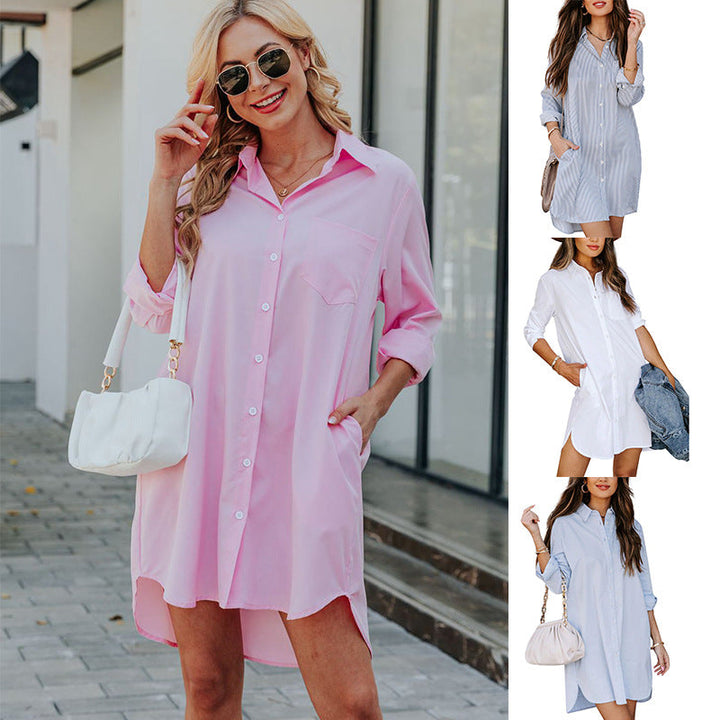 Damen Hemdblusenkleid mit praktischen Taschen und abgerundetem Saum W&W Mode